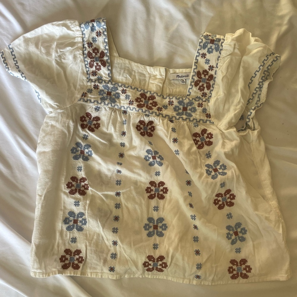 Madewell Cream Top with Blue and Rust Embroidery